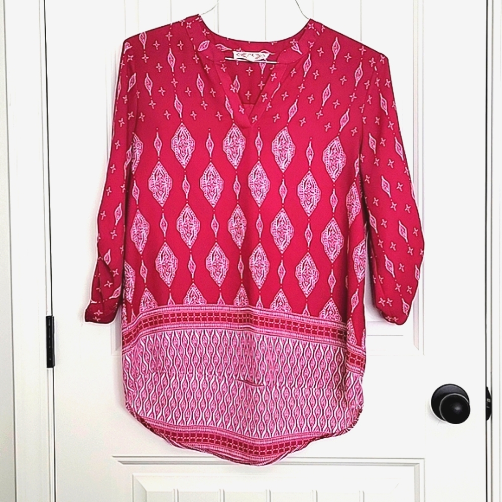 Pink Rose Boho Casual V-Neck Blouse